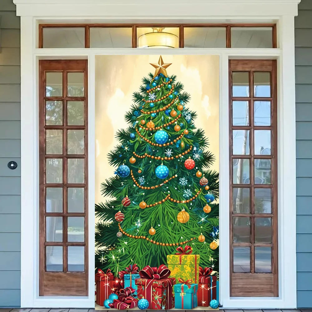 Christmas Outdoor Decorations Xmas Tree Pattern Christmas Door Cover Santa Xmas Elves Backdrop Banner Party House Door Hang