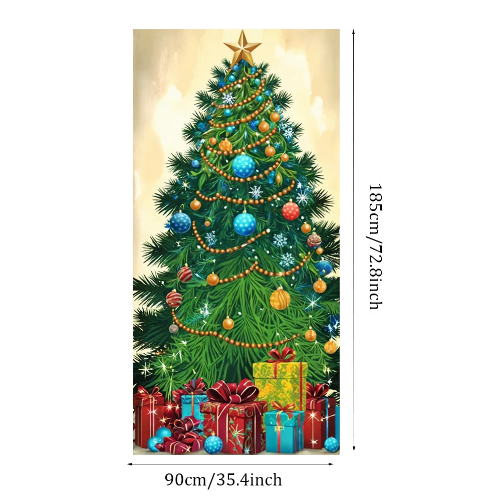 Christmas Outdoor Decorations Xmas Tree Pattern Christmas Door Cover Santa Xmas Elves Backdrop Banner Party House Door Hang
