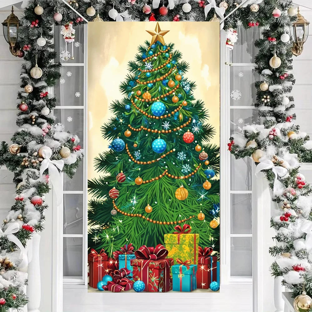 Christmas Outdoor Decorations Xmas Tree Pattern Christmas Door Cover Santa Xmas Elves Backdrop Banner Party House Door Hang