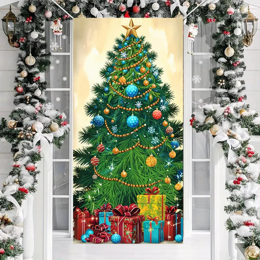 Christmas Outdoor Decorations Xmas Tree Pattern Christmas Door Cover Santa Xmas Elves Backdrop Banner Party House Door Hang