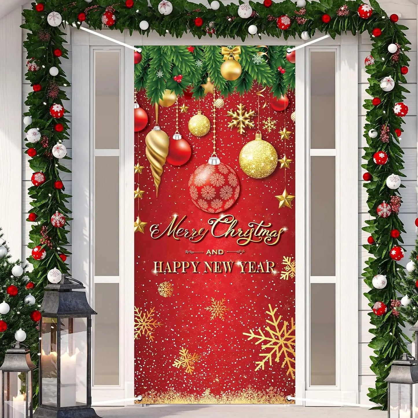 Christmas Door Cover Decoration Merry Christmas Tree Ornament Ball Photography Backdrop Xmas Outdoor Sign for Home Wall Outdoor