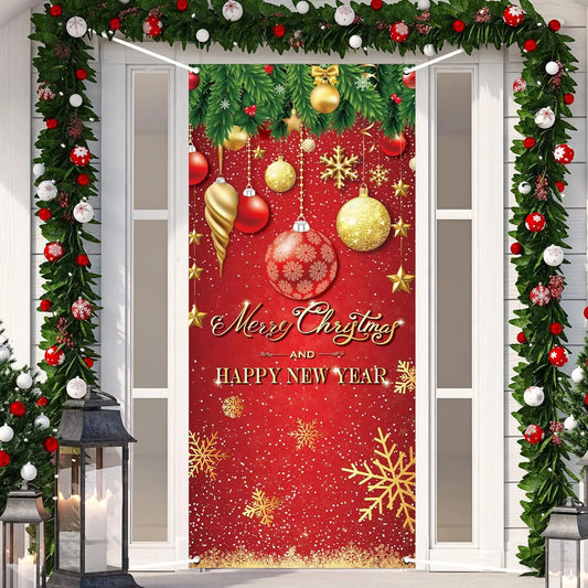 Christmas Door Cover Decoration Merry Christmas Tree Ornament Ball Photography Backdrop Xmas Outdoor Sign for Home Wall Outdoor