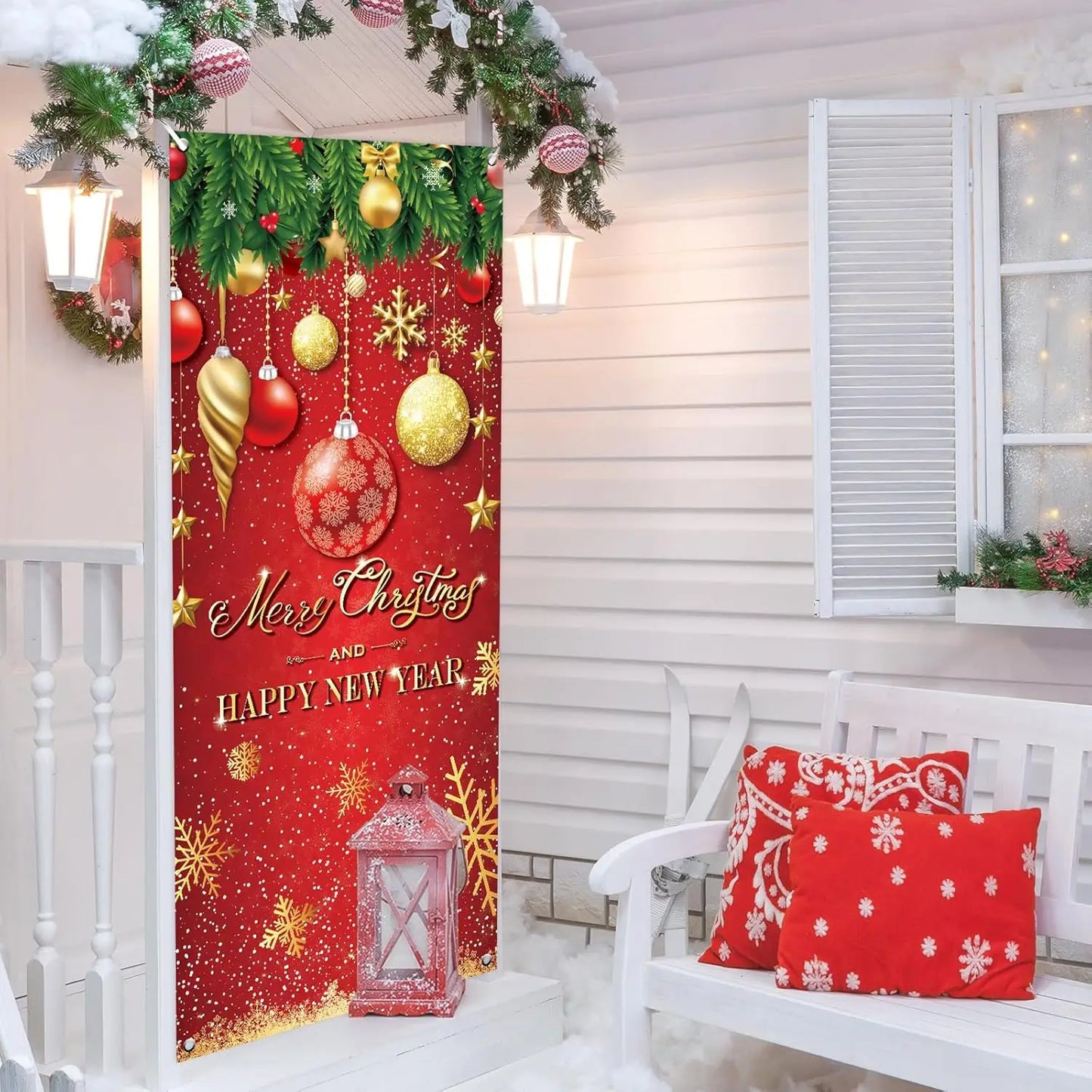 Christmas Door Cover Decoration Merry Christmas Tree Ornament Ball Photography Backdrop Xmas Outdoor Sign for Home Wall Outdoor