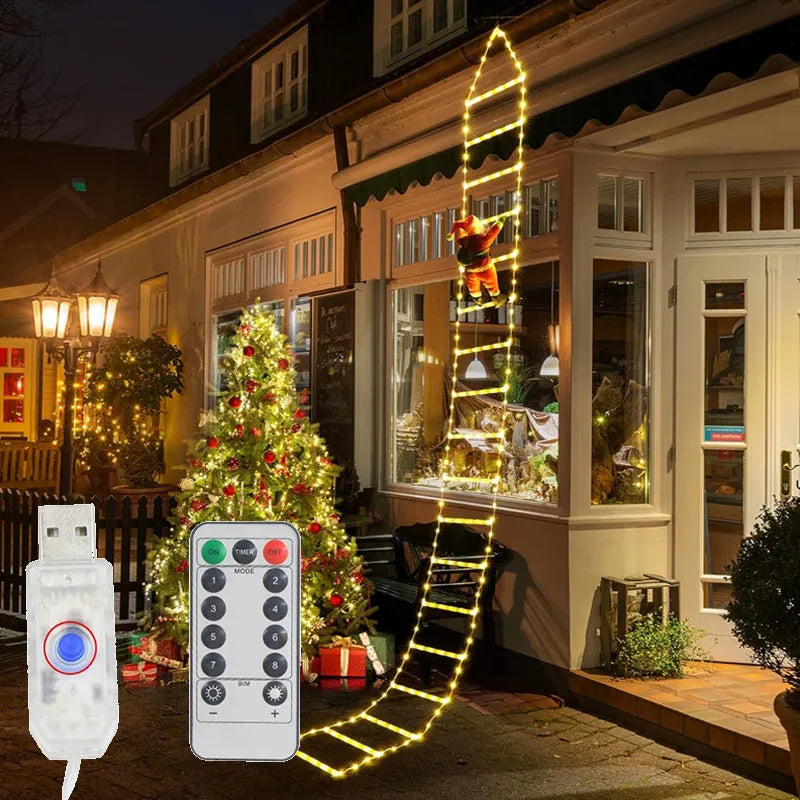 LED Christmas Ladder Lights with Santa Claus Decorations 8 Lighting Modes Outdoor Patio Garden Festive Party Wall & Tree Decor