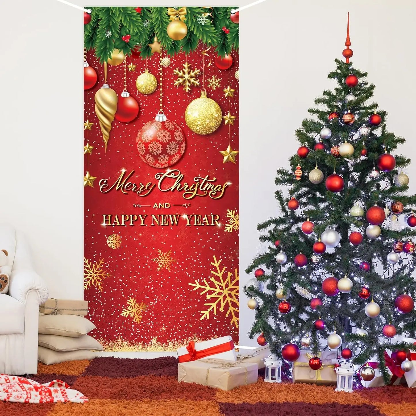 Christmas Door Cover Decoration Merry Christmas Tree Ornament Ball Photography Backdrop Xmas Outdoor Sign for Home Wall Outdoor