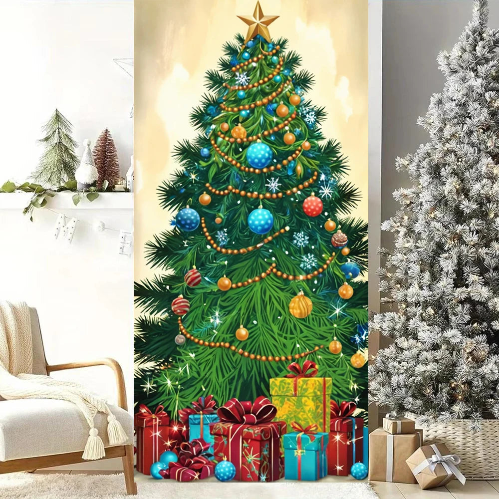 Christmas Outdoor Decorations Xmas Tree Pattern Christmas Door Cover Santa Xmas Elves Backdrop Banner Party House Door Hang