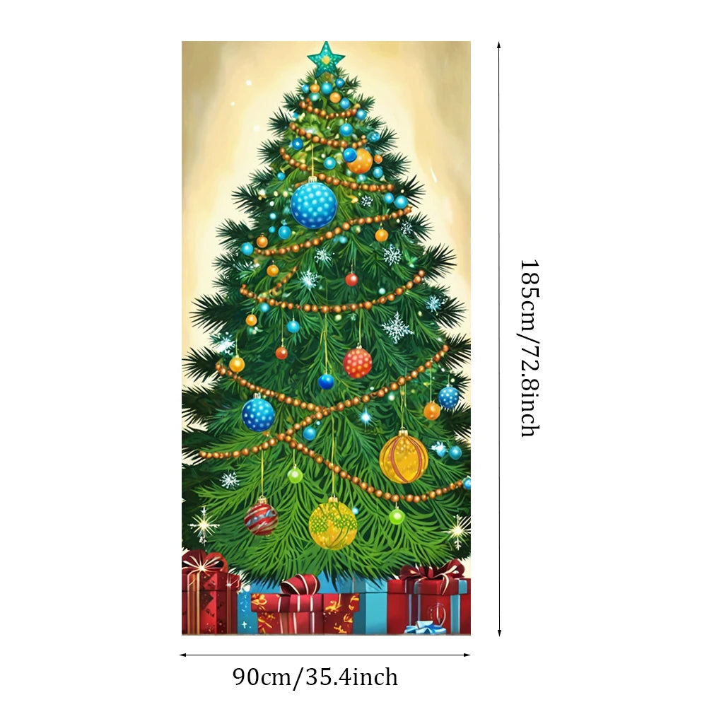 Christmas Outdoor Decorations Xmas Tree Pattern Christmas Door Cover Santa Xmas Elves Backdrop Banner Party House Door Hang