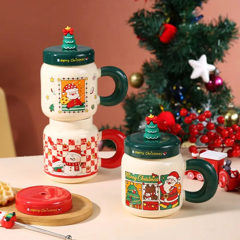 Christmas gifts: Ceramic cups with LIDS, spoons, cartoon mugs, high appearance level, creative New Year gifts and souvenirs