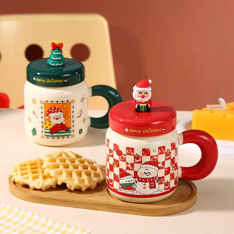 Christmas gifts: Ceramic cups with LIDS, spoons, cartoon mugs, high appearance level, creative New Year gifts and souvenirs