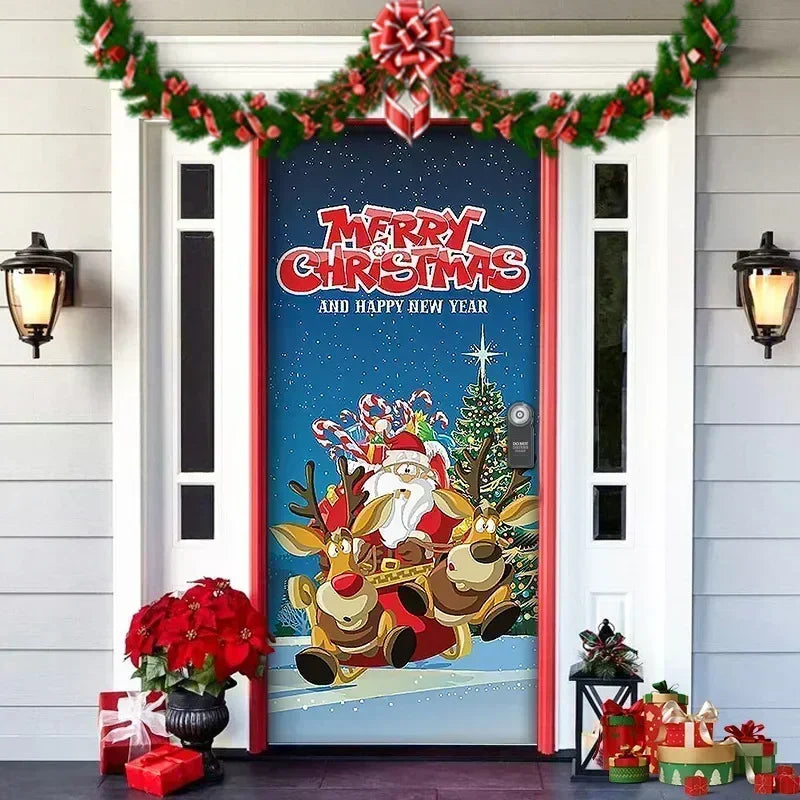 Christmas Outdoor Background Decorations Props Christmas Door Cover Santa Xmas Elves Backdrop Banner Party House Door Hang Decor