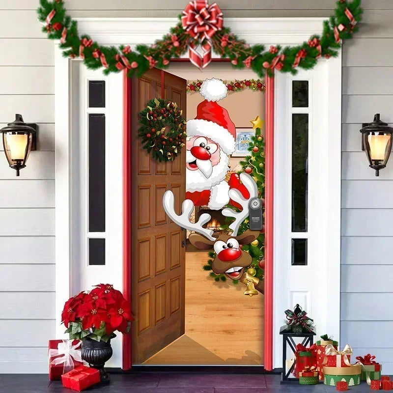 Christmas Outdoor Background Decorations Props Christmas Door Cover Santa Xmas Elves Backdrop Banner Party House Door Hang Decor