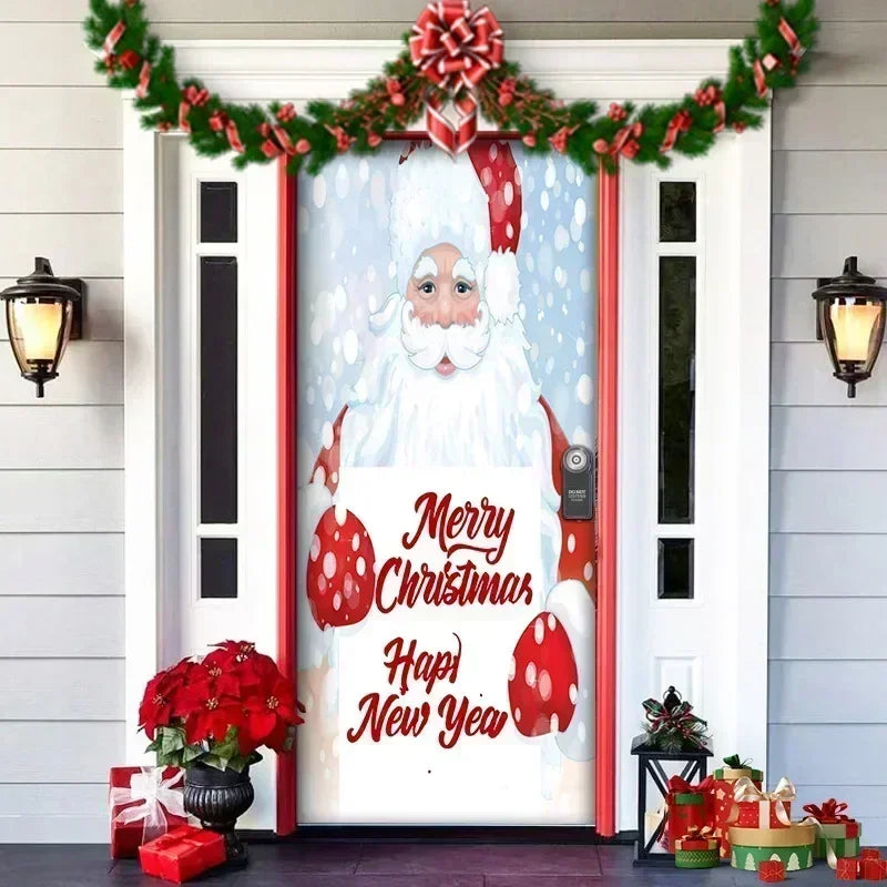 Christmas Outdoor Background Decorations Props Christmas Door Cover Santa Xmas Elves Backdrop Banner Party House Door Hang Decor