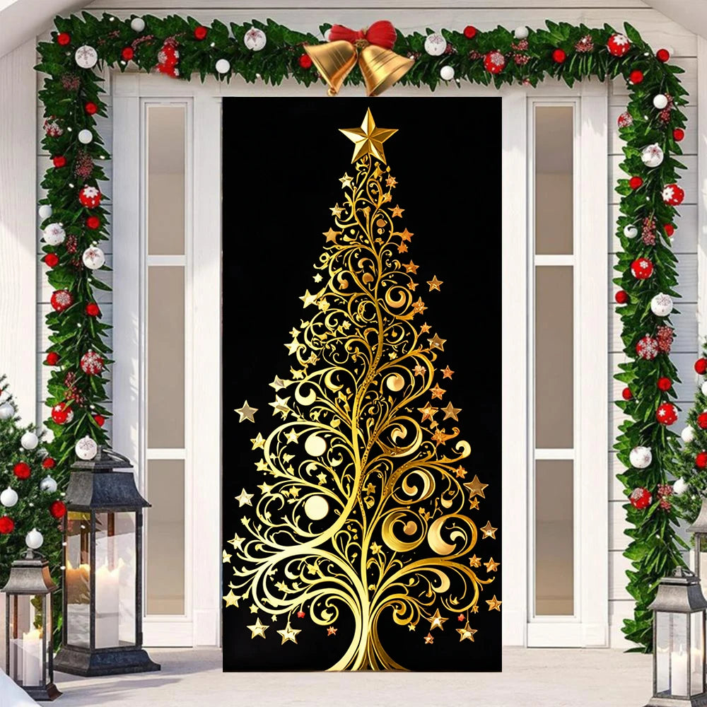 Christmas Outdoor Decorations Xmas Tree Pattern Christmas Door Cover Santa Xmas Elves Backdrop Banner Party House Door Hang