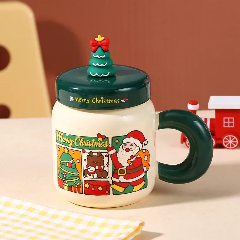 Christmas gifts: Ceramic cups with LIDS, spoons, cartoon mugs, high appearance level, creative New Year gifts and souvenirs