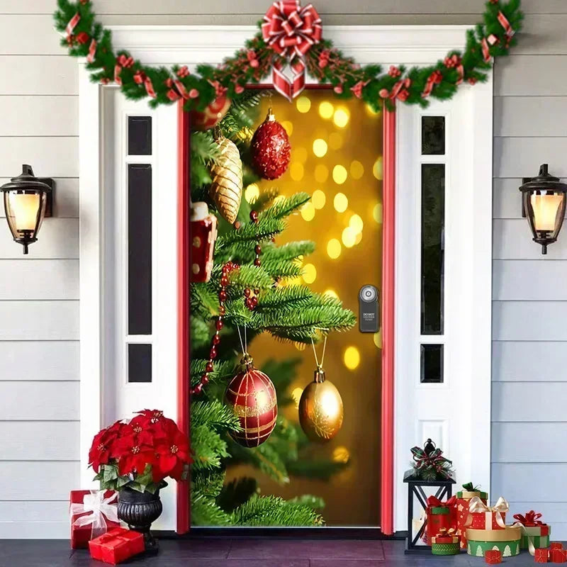 Christmas Outdoor Background Decorations Props Christmas Door Cover Santa Xmas Elves Backdrop Banner Party House Door Hang Decor