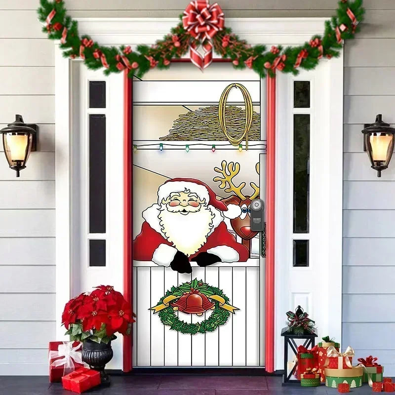 Christmas Outdoor Background Decorations Props Christmas Door Cover Santa Xmas Elves Backdrop Banner Party House Door Hang Decor