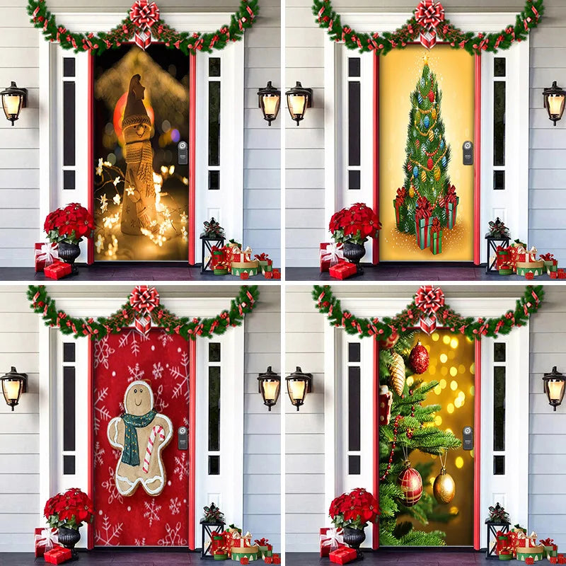 Christmas Outdoor Background Decorations Props Christmas Door Cover Santa Xmas Elves Backdrop Banner Party House Door Hang Decor