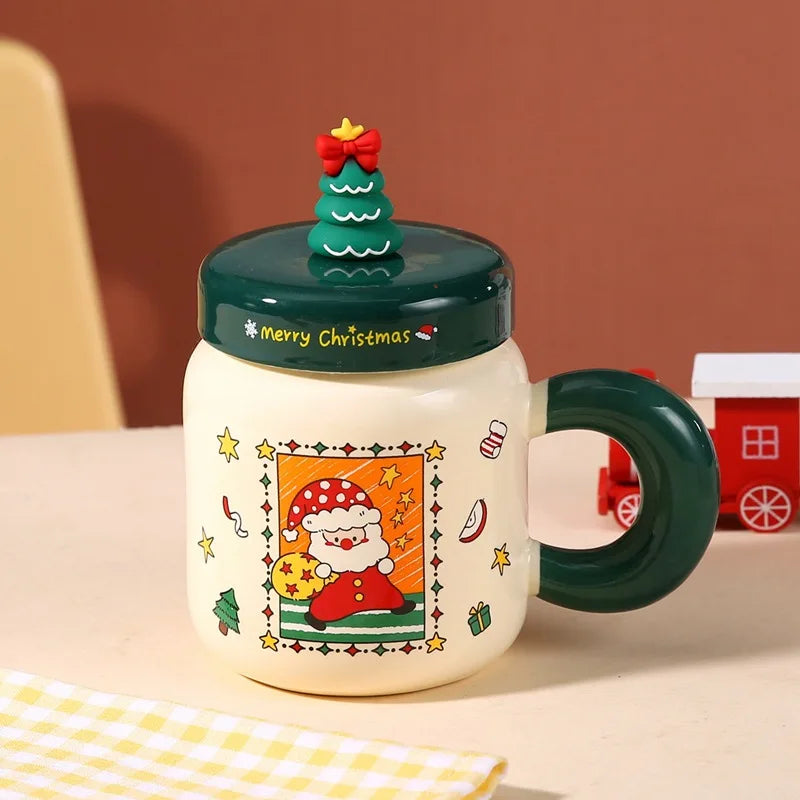 Christmas gifts: Ceramic cups with LIDS, spoons, cartoon mugs, high appearance level, creative New Year gifts and souvenirs