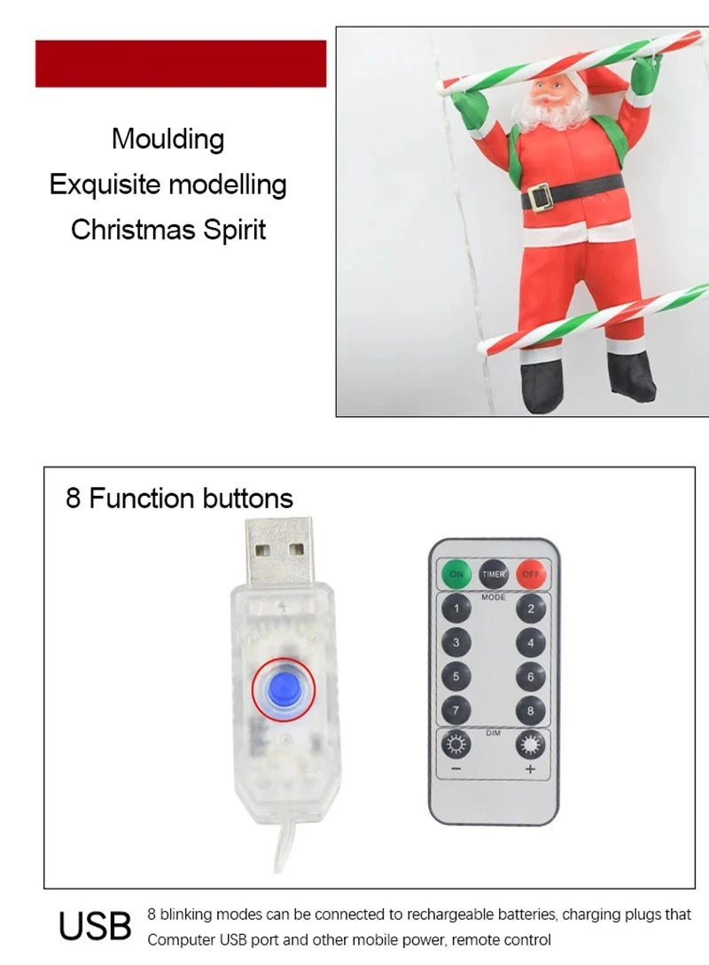 LED Christmas Ladder Lights with Santa Claus Decorations 8 Lighting Modes Outdoor Patio Garden Festive Party Wall & Tree Decor