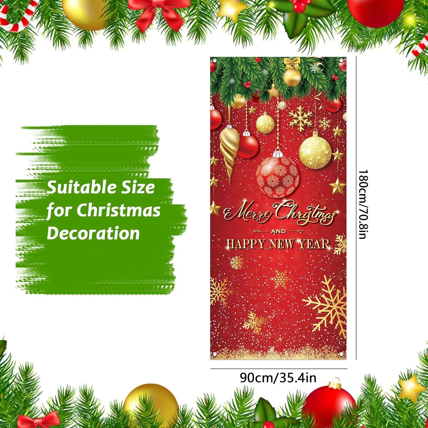 Christmas Door Cover Decoration Merry Christmas Tree Ornament Ball Photography Backdrop Xmas Outdoor Sign for Home Wall Outdoor