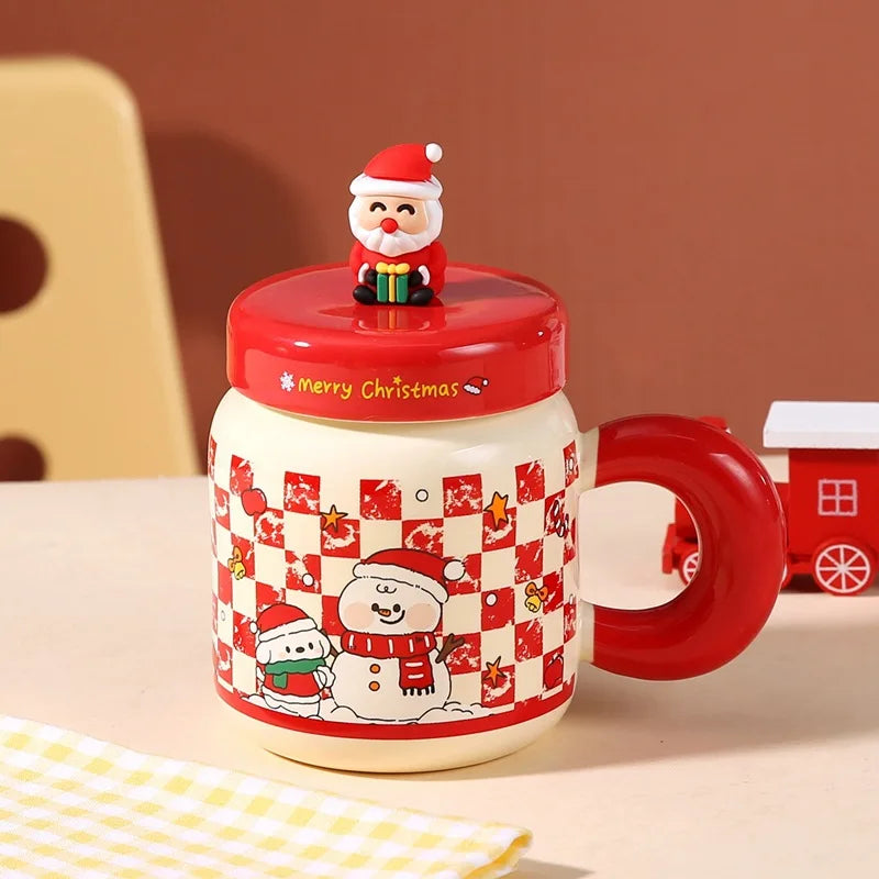 Christmas gifts: Ceramic cups with LIDS, spoons, cartoon mugs, high appearance level, creative New Year gifts and souvenirs