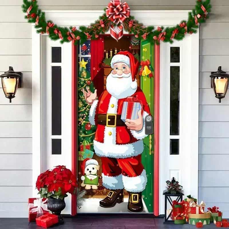 Christmas Outdoor Background Decorations Props Christmas Door Cover Santa Xmas Elves Backdrop Banner Party House Door Hang Decor