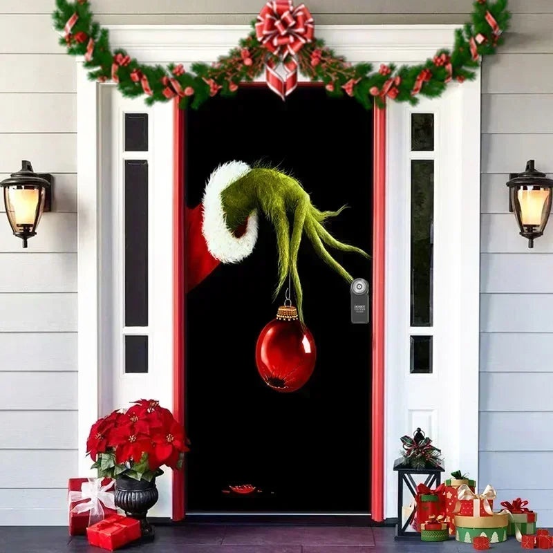 Christmas Outdoor Background Decorations Props Christmas Door Cover Santa Xmas Elves Backdrop Banner Party House Door Hang Decor