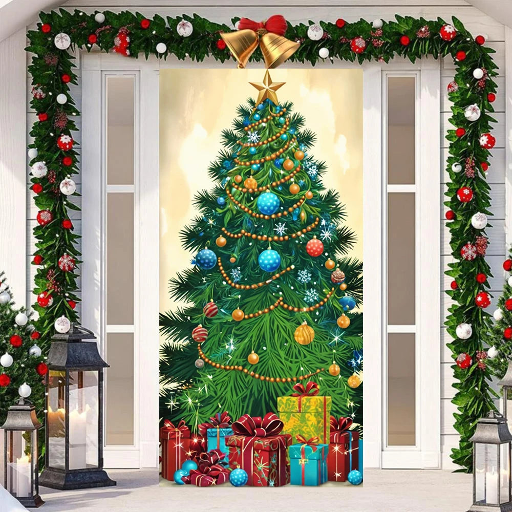 Christmas Outdoor Decorations Xmas Tree Pattern Christmas Door Cover Santa Xmas Elves Backdrop Banner Party House Door Hang