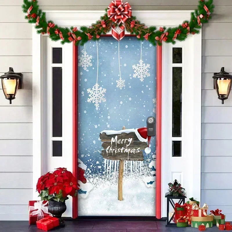 Christmas Outdoor Background Decorations Props Christmas Door Cover Santa Xmas Elves Backdrop Banner Party House Door Hang Decor