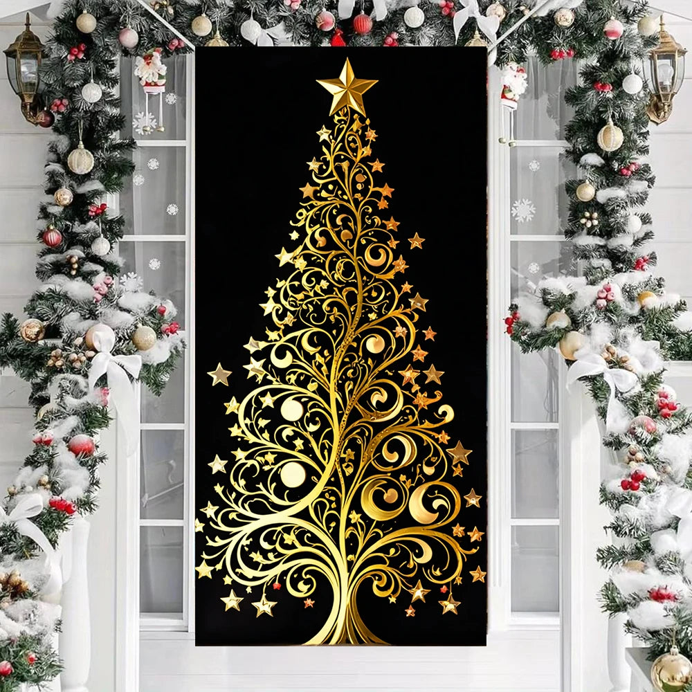 Christmas Outdoor Decorations Xmas Tree Pattern Christmas Door Cover Santa Xmas Elves Backdrop Banner Party House Door Hang