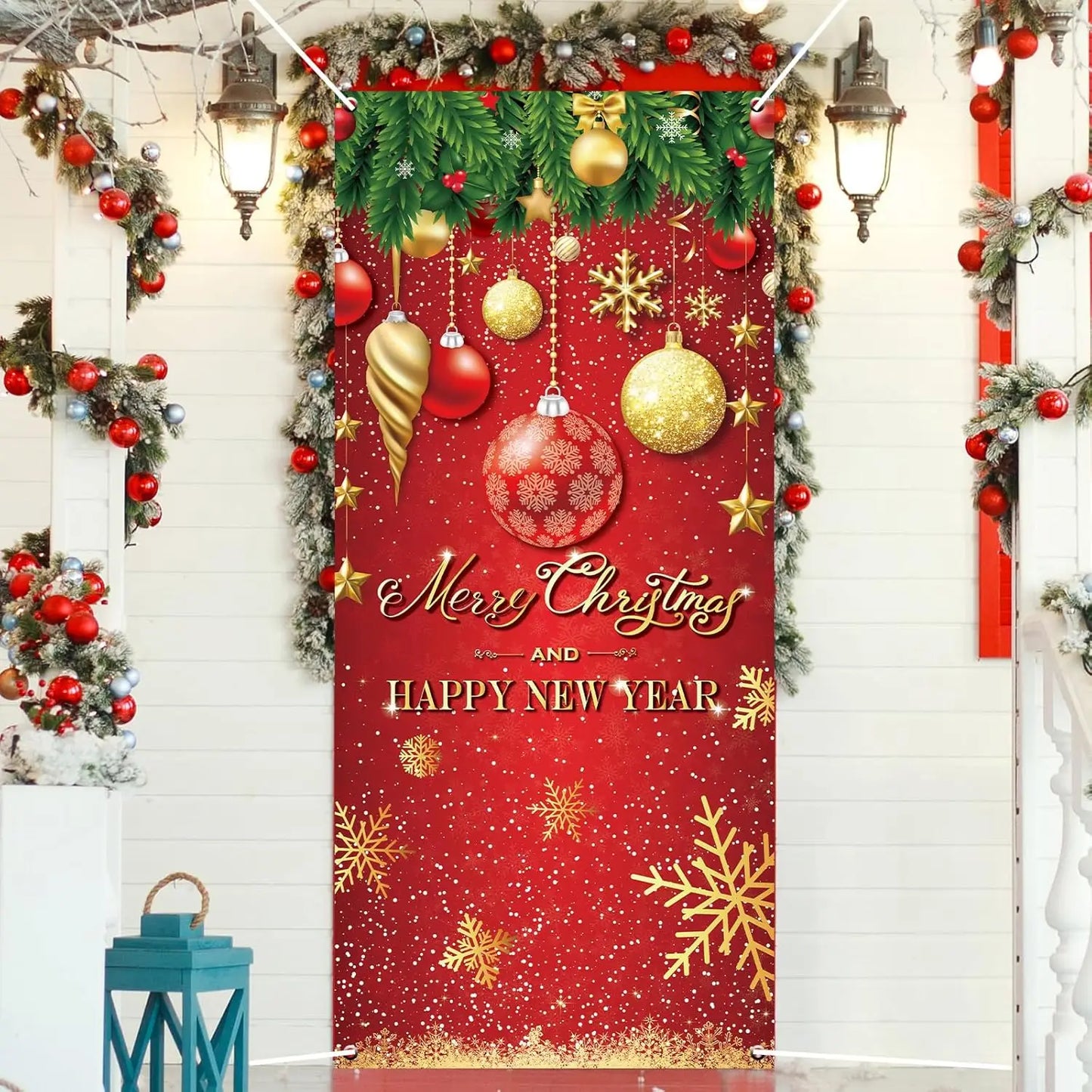 Christmas Door Cover Decoration Merry Christmas Tree Ornament Ball Photography Backdrop Xmas Outdoor Sign for Home Wall Outdoor