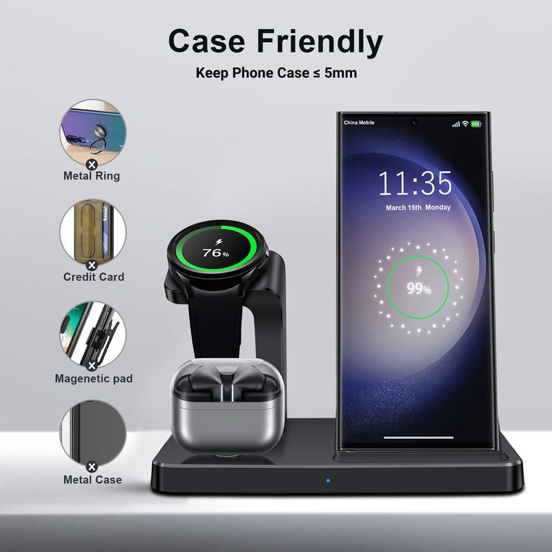 Wireless Charger for Samsung Charging Station, 3 in 1 Fast Charging Stand for Galaxy S25/S24/S23/S22/S21/S20,Note 20/10& Galaxy Buds, Wireless Charger for Galaxy Watch Ultra 7 6 5 Pro/5/4/3/Active 2/1